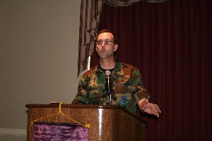 Col. Bradley Ashley, USAF, chapter president, welcomes the attendees and introduces the speaker for the September chapter luncheon.   